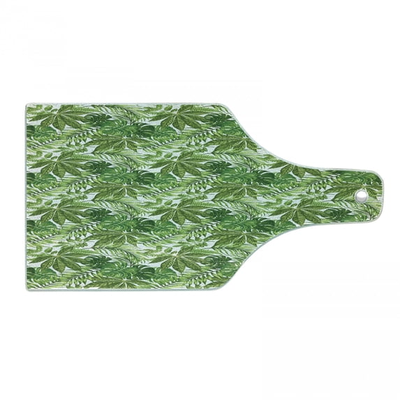 Palm Leaf Cutting Board, Mix of Jungle Foliage Leaves Madagascar Aloha Botanical Forest Plant, Tempered Glass Cutting and Serving Board, Wine Bottle Shape, Green Olive Green White, by Ambesonne