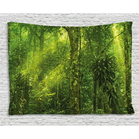 Plant Tapestry, Tropical Tranquil Place with lots of Green Trees Earthly Places Untouched Jungle, Wall Hanging for Bedroom Living Room Dorm Decor, 80W X 60L Inches, Apple Green, by