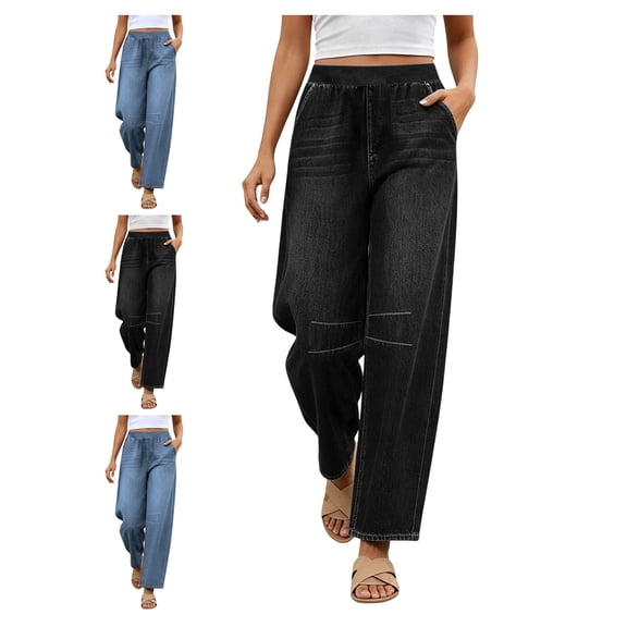 Atkumj Wide Leg Jeans Women Fashion Solid Color Elastic High Waisted Jeans Vintage Wash Long Length Baggy Jeans Women with Side Pockets S