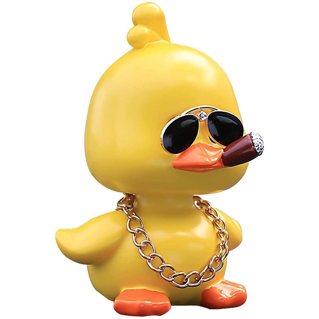 Adorno de coche de juguete de pato amarillo bonito, adorno para salpicadero de coche de pato fresco, muñeca agitadora, pato social de pie (con gafas + cadena dorada) oso de fresa Electrónica