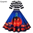 thumbnail image 5 of Elegante vestido de Halloween a rayas para mujer, estilo rockabilly, estilo vintage de los años 50 y 60, con encaje y manga corta para fiesta de oficina, 5 of 5