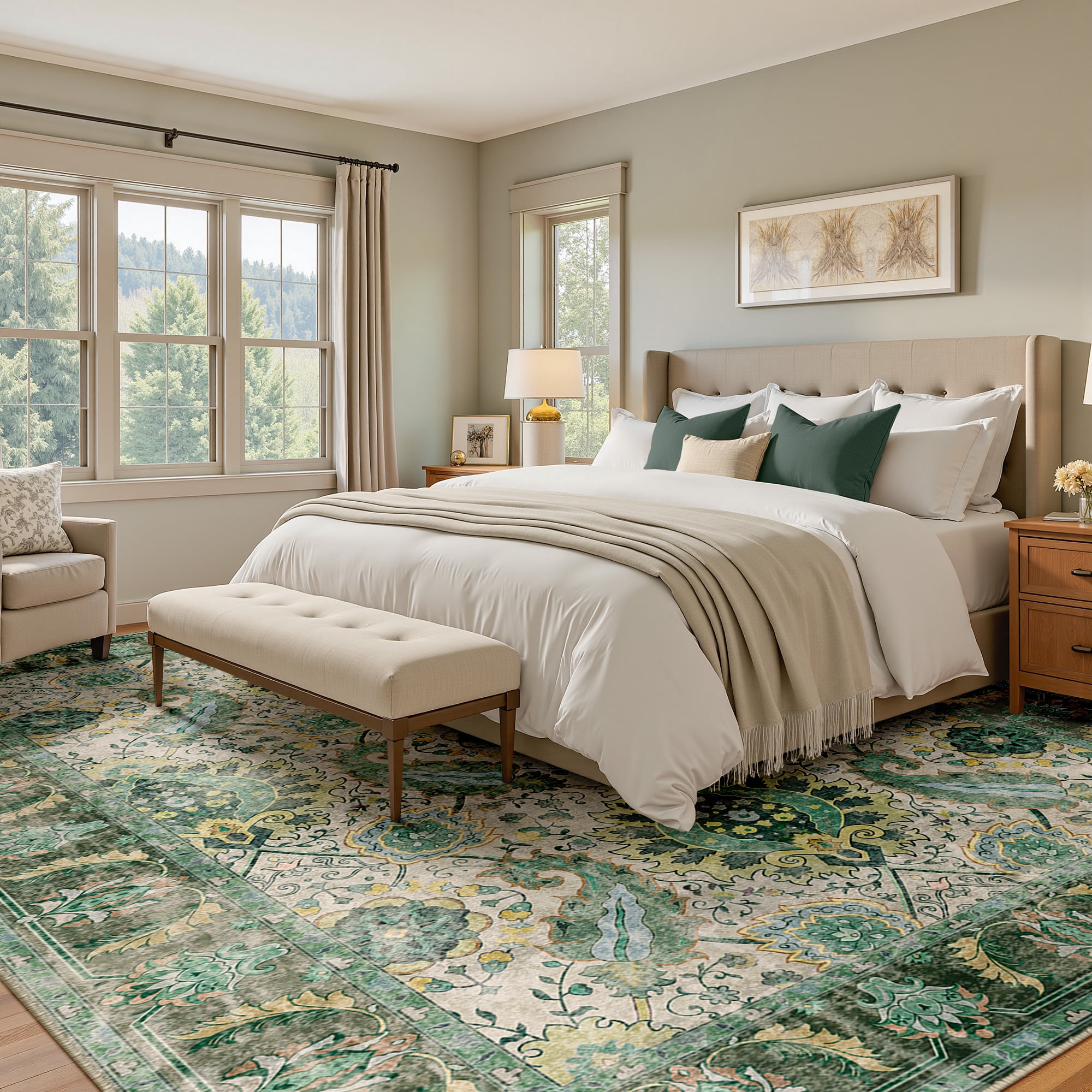 NewBuros Area Rugs 8'x10' Washable Non-Slip Boho Rugs, Soft Stain Resistant Low Pile Print Indoor Carpet for Living Room Bedroom Dining Room, Light Green