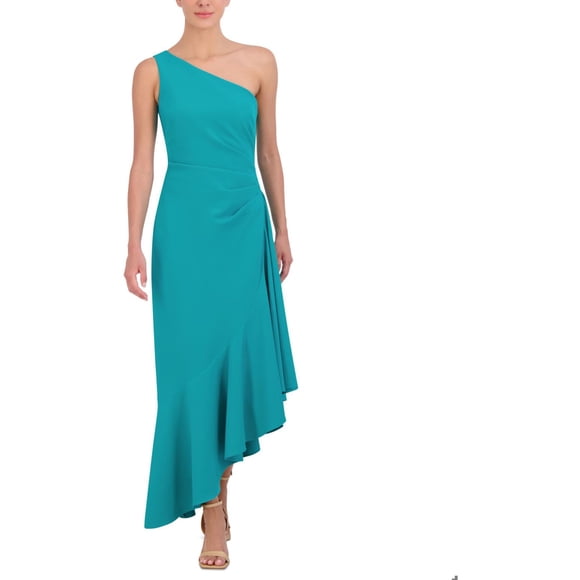 Eliza J Womens Solid Ruffled One Shoulder Midi Dress, Green, 14