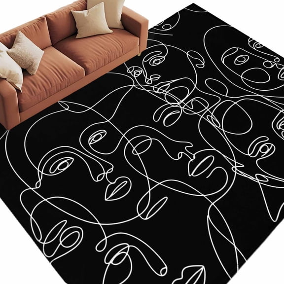 5x7 Area Rugs for Living Room, Abstract Style Non Slip Area Rugs for Kitchen Bedroom Entryway, Black Face Line Modern Character Art Washable Carpet Runner Rug Floor Mats for Bedroom Home Decor