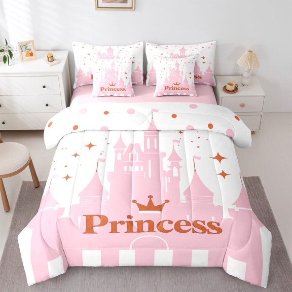 Manfei Pink Princess Castle Twin Bedding Sets 7-Piece,Stars Crown Pattern Bedding Comforter Set,Glitter Print Sheet Sets For Girls Teens,Ultra Soft Home Decor,Reversible