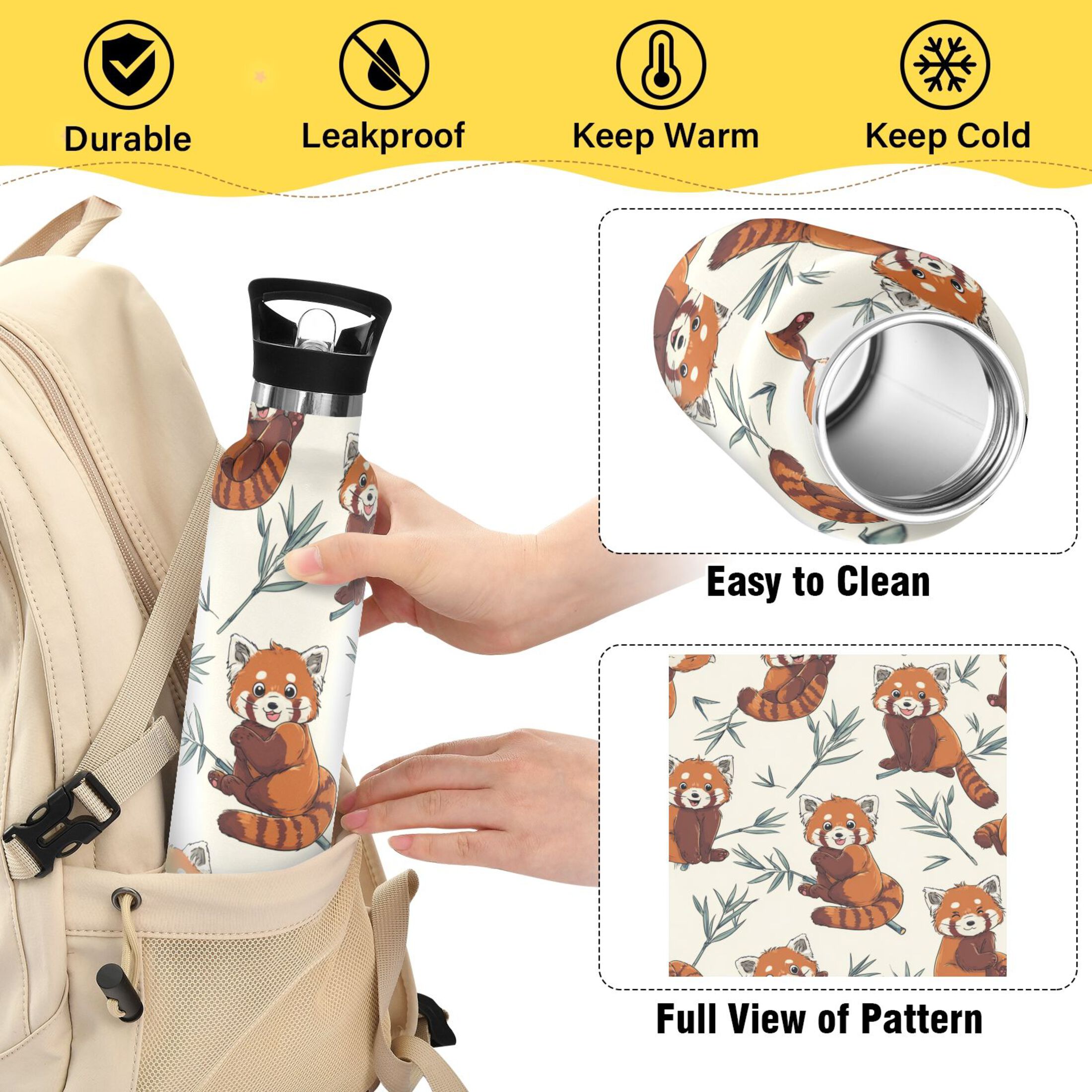 Kids Insulated Stainless Steel Sports Water Bottle 600ml (20oz) Red Panda Pattern