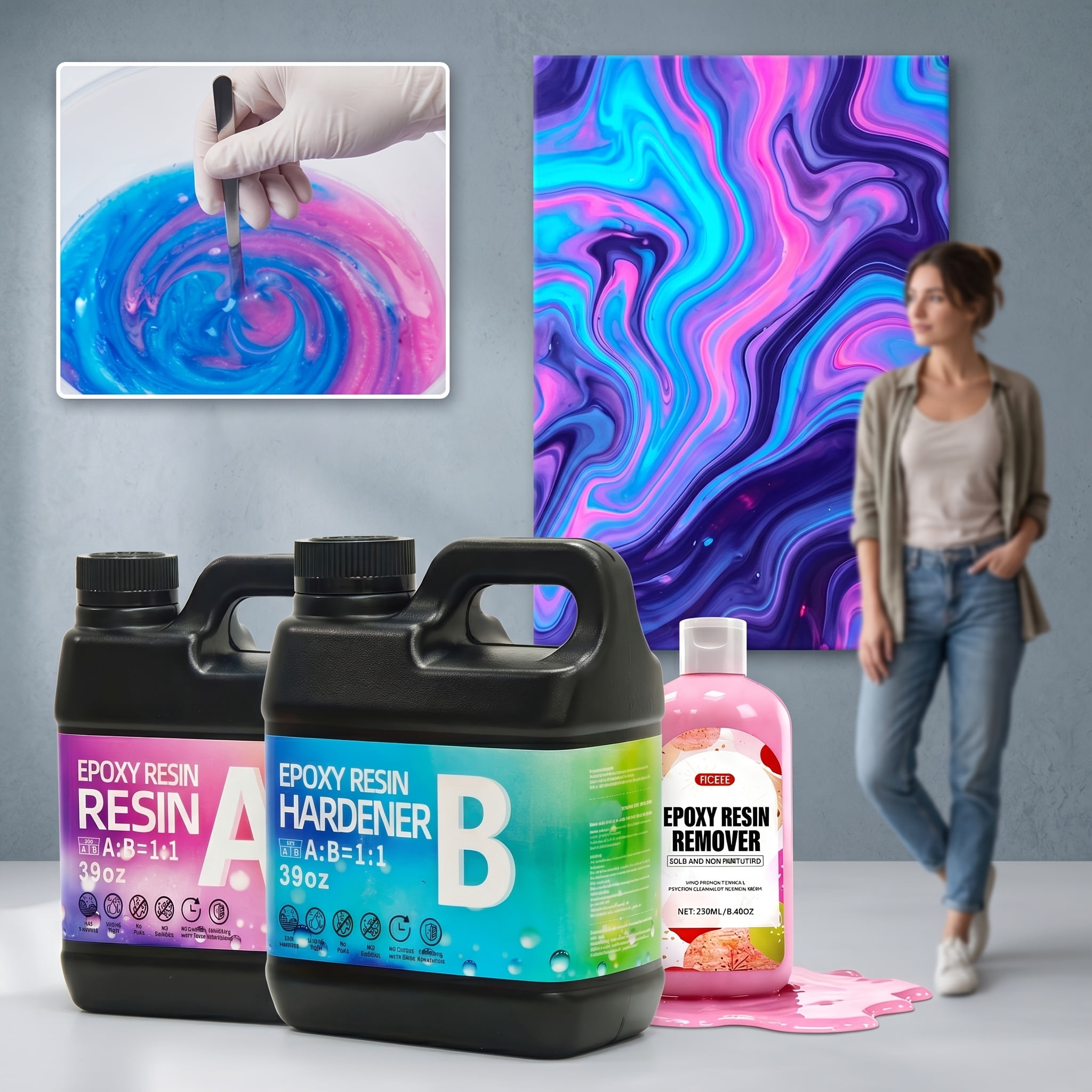 Epoxy Resin 78OZ with 250g Resin Remover，Newly Formulated Crystal Clear Resin, Strong, Bubble-Free, Anti-Yellowing Art Resin That, Suitable for Casting, DIY, Molds, Jewelry, Easy to Mix 1:1 Ratio