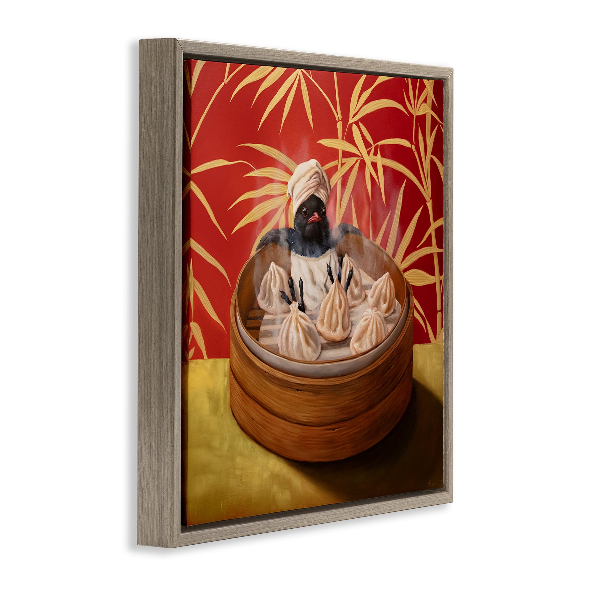 Bamboo Steamer Bird Brown Framed Floater Canvas Wall Art, design by Lucia Heffernan