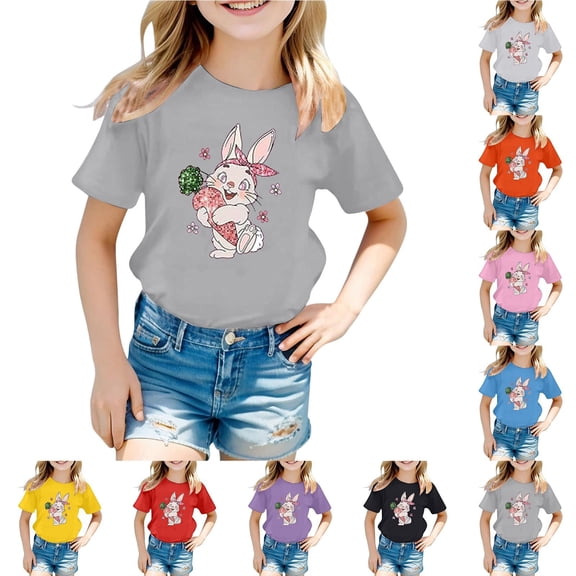 LRen Girls Easter Shirt Size 10-12 Cartoon Rabbit Short Sleeve T Shirt Top Loose Soft Easter's Day Summer Tops T-Shirt Boys & Girls Shirts