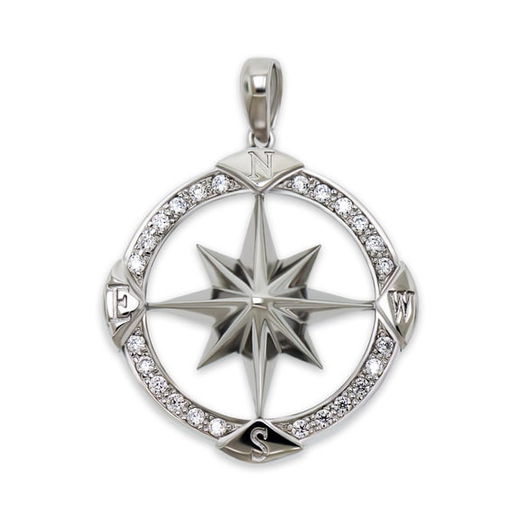 Silver Compass Pendant Charm - 925 Sterling Silver - Cubic Zirconia - Nautical Jewelry - Compass Jewelry