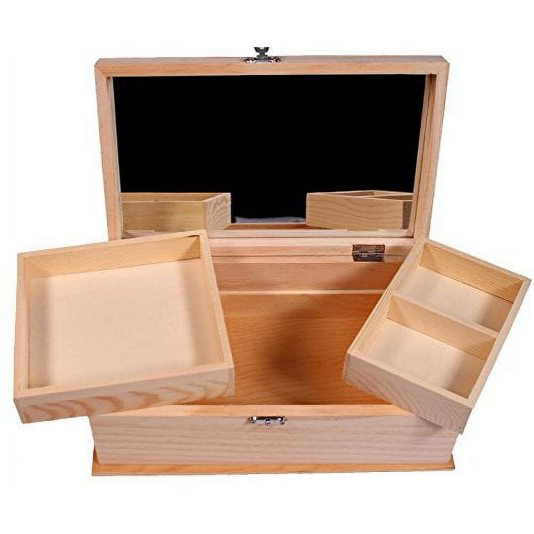 Unfinished Wood Jewelry Box w Mirror Removable Compartments Ready to Paint