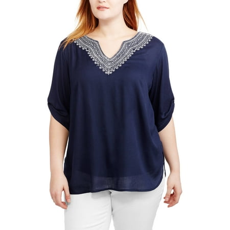 Women's Plus Embroidered Neckline 3/4 Roll Tab Sleeves Woven Shirt ...