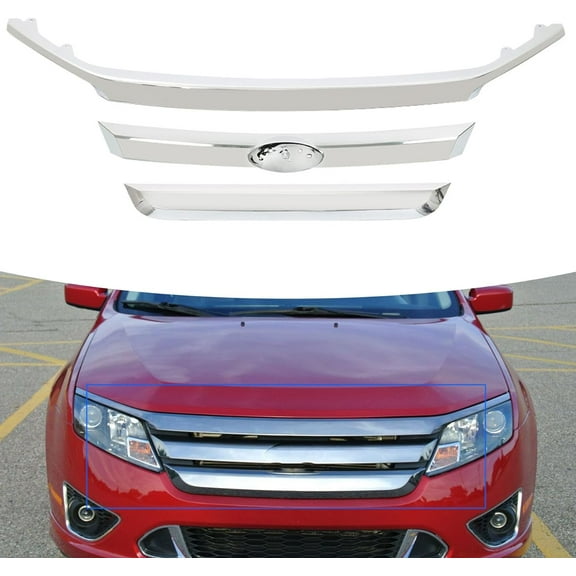 SHZAITOR 3Pcs Front Upper Grille Molding Trims Chrome Kit Replacement for 2010-2012 Fusion Sedan 4-Door FO1217103 AE5Z8200C
