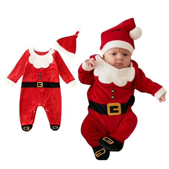 Baby Girl Santa Outfit Long Sleeve Santa Bodysuit Hat Set Festive Dress Outfit First Christmas Baby Boy Outfit 12-18 Months