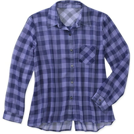 Faded Glory Womens Hi-Low Sheer Plaid Shirt With Back Button Details