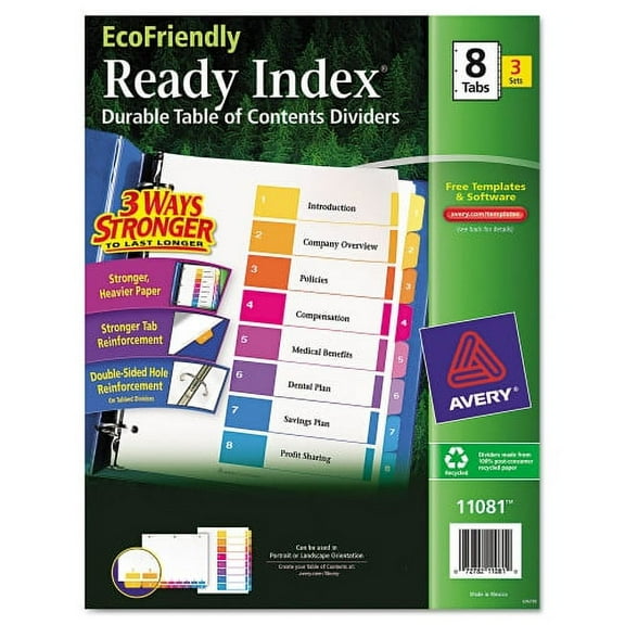 2PK Avery Customizable Table of Contents Ready Index Dividers with Multicolor Tabs, 8-Tab, 1 to 8, 11 x 8.5, White, 3 Sets (11081)
