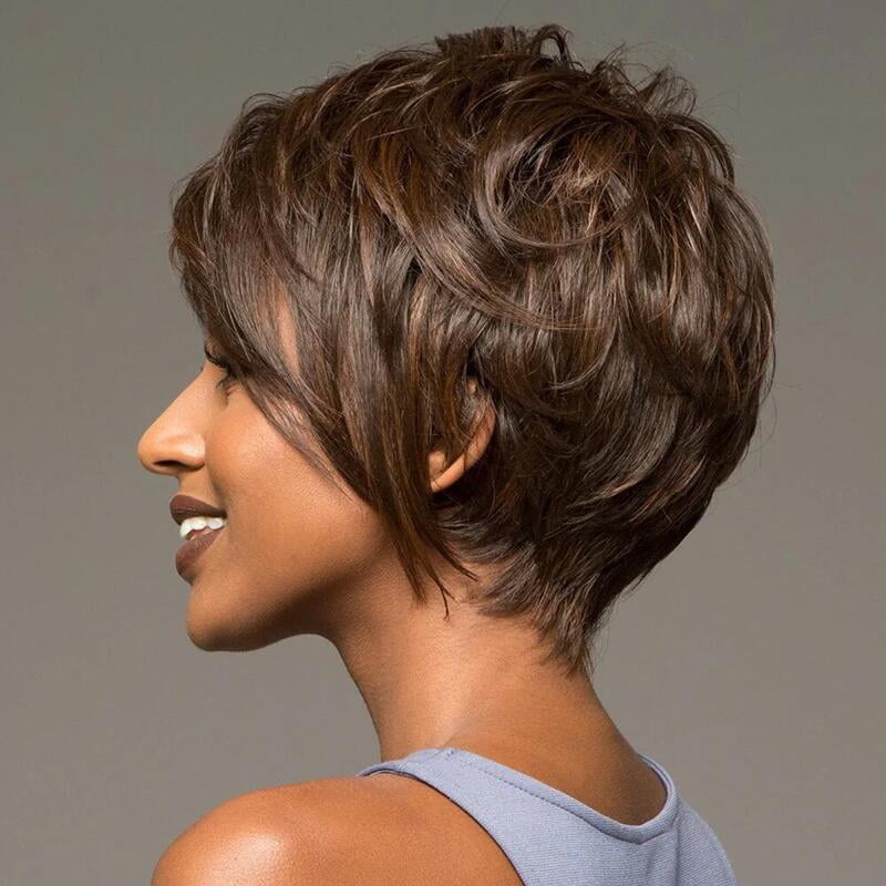 Wig short curly hair dark brown fluffy short bangs women's wig natural and realistic