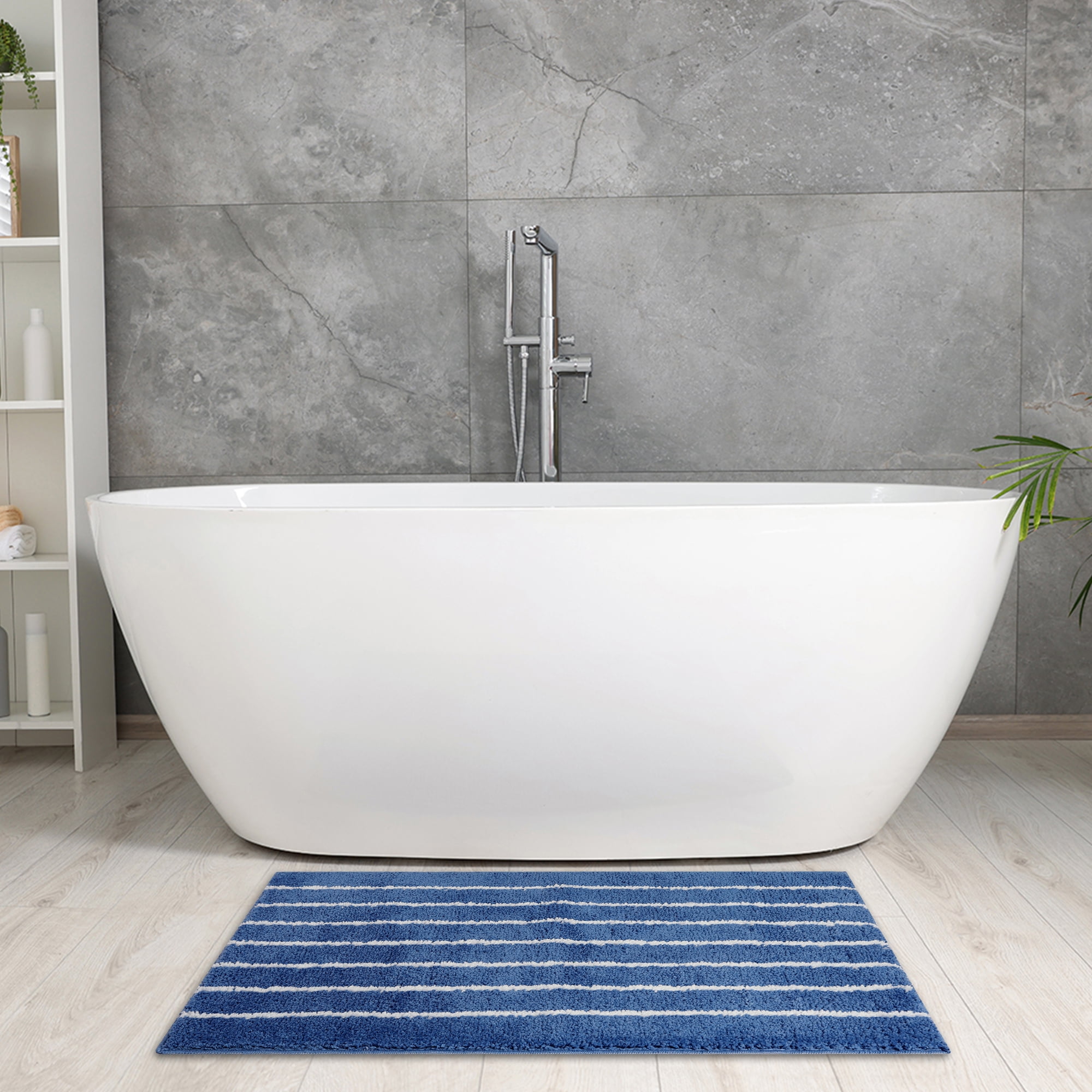 Unique Bargains Striped Bathroom Rug Non-Slip Fluffy Bath Carpet Water Absorbent Bathmat Dark Blue 20" x 32"