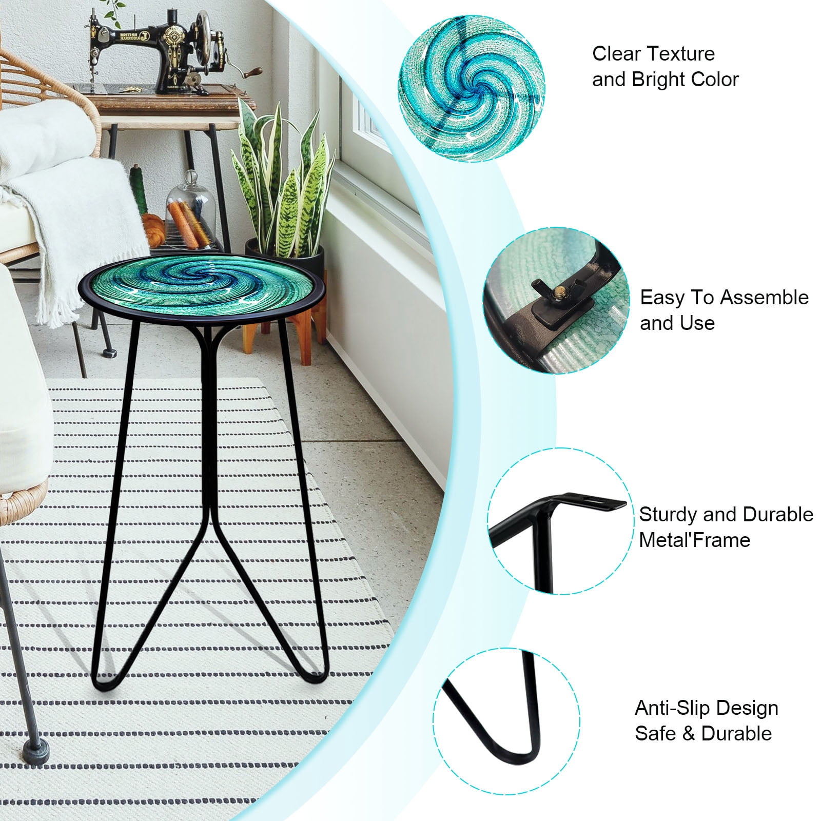 Liffy Green Glass Side Table - 20" Height Vortex Metal End Table with Plant Stand for Living Room, Balcony, Porch