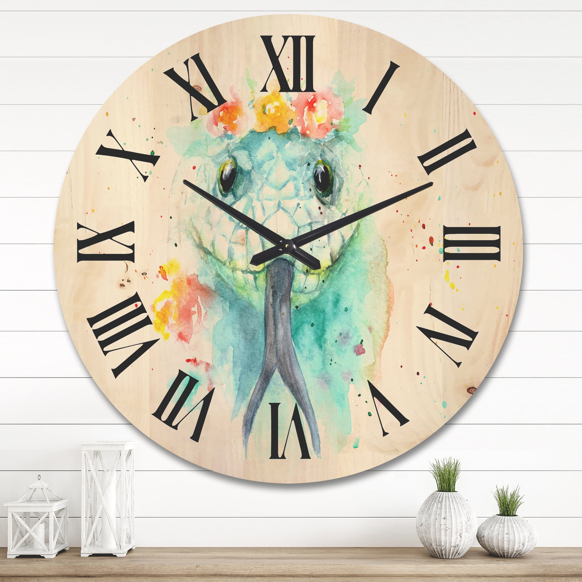 Designart 'Portrait A Green Snake In Flowers' Farmhouse Wood Wall Clock