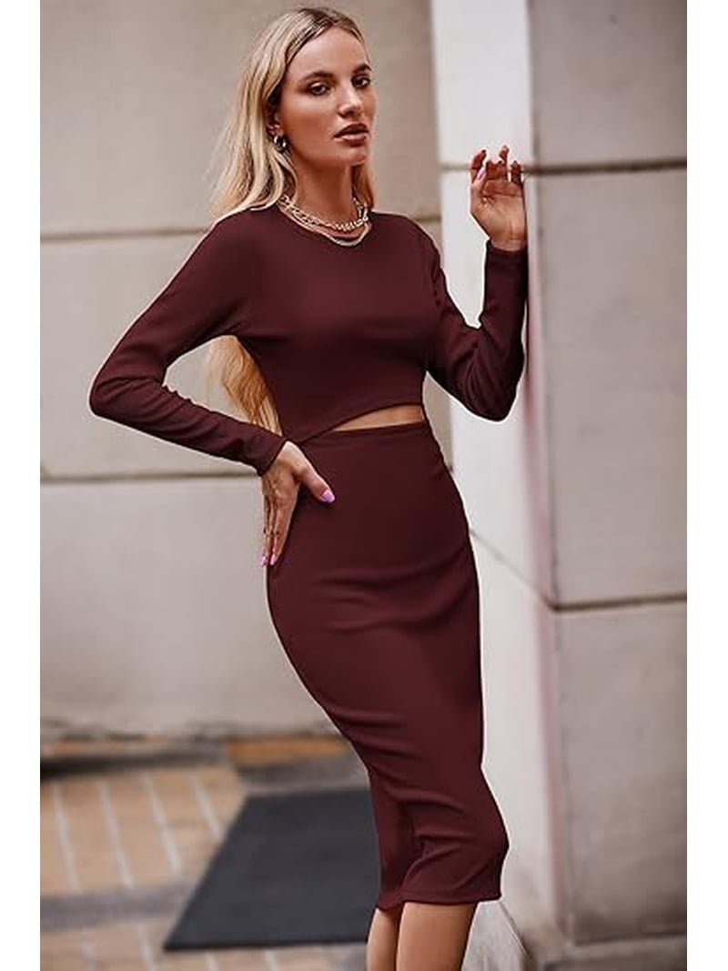 PRETTYGARDEN Women's Long Sleeve Midi Bodycon Dresses Casual Crewneck Cut  Out Ribbed Knit Fitted Pencil Dress