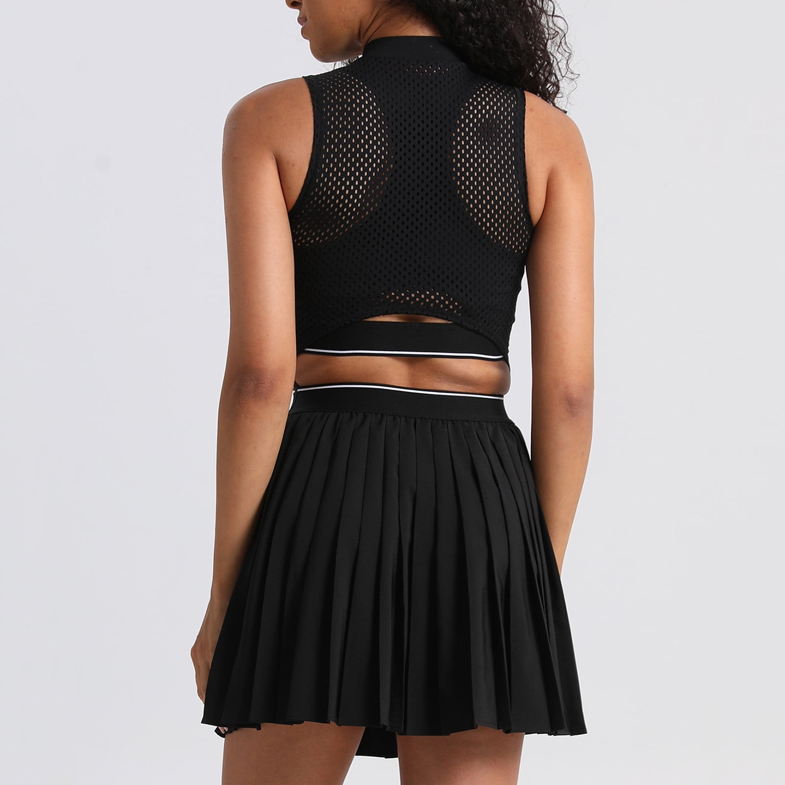 Qiopertar Women's Sleeveless Tennis Dress Turn-Down Collar Fitted Back Cutout Workout Running Skort Casual Comfy Stretchy Polyester Athletic Dress, Black S