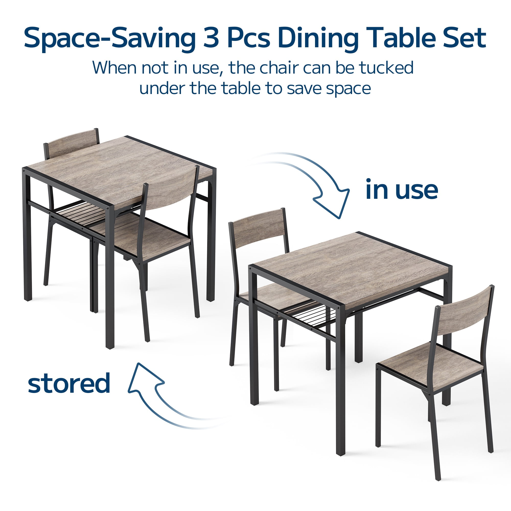Dining Table Set of 2, Asofer3 PCS Kitchen Table and Chairs Set,Table with Storage & 2 Chairs for Small Space, Kitchen, Apartment, Room,Gray