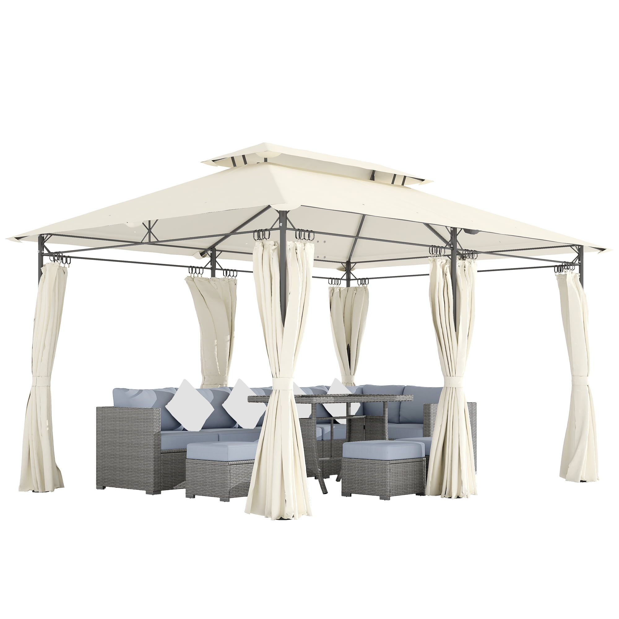 Outsunny 10' x 13' Patio Gazebo, Double Roof Outdoor Gazebo with Curtains and Metal Frame for Garden, Lawn, Backyard and Deck, Cream White