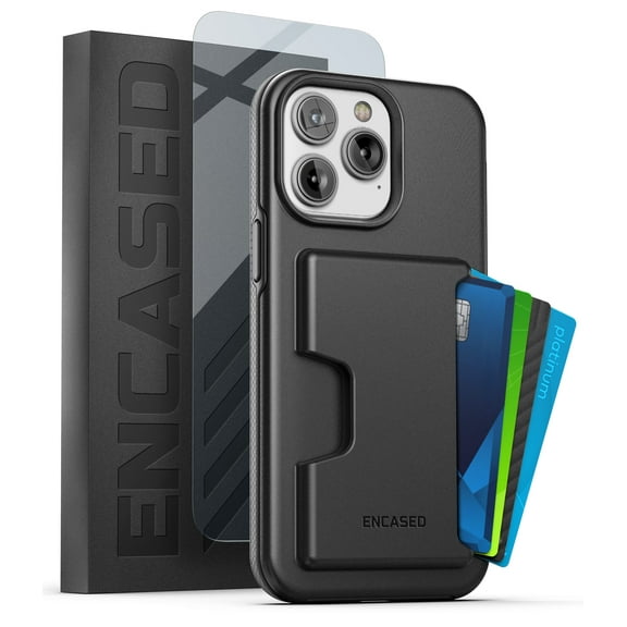 Encased Protective Wallet Case Designed for iPhone 14 PRO with Card Holder and Screen Protector (4 Credit Cards/IDs) - Black