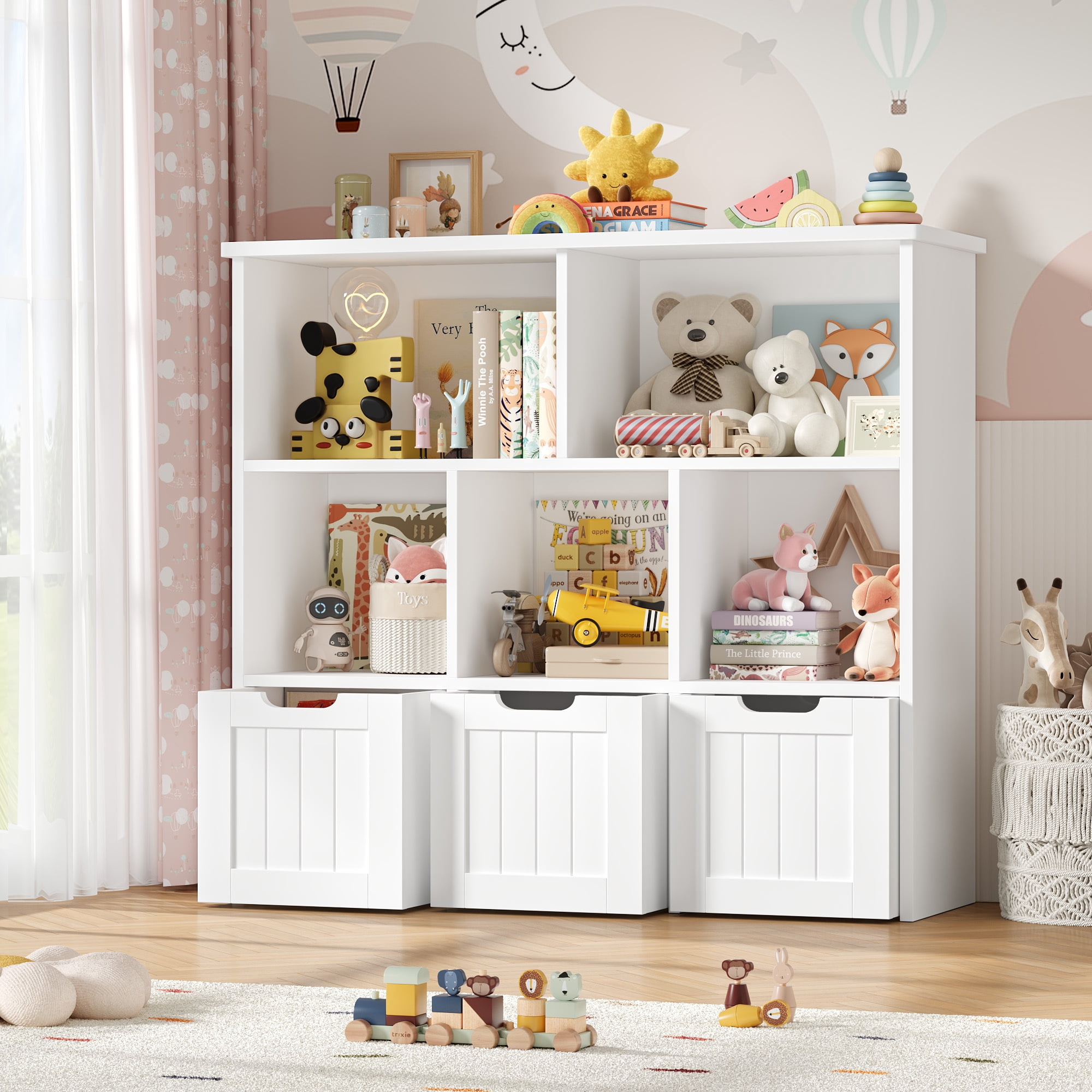 Homfa Toy Storage Organizer with 3 Movable Drawers, 5 Cube Kids Bookcase for Playroom, Storage Cabinet for Living Room, White Finish