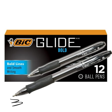 BIC Glide Bold Retractable Ballpoint Pens, Thick Point (1.6mm), Bold Lines and Smooth Writing, Black, 12 Pack