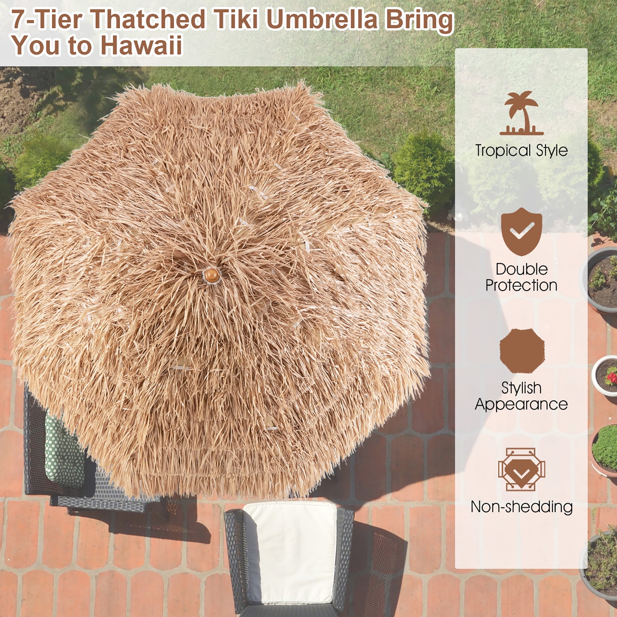Costway 7.2FT Patio Thatched Tiki Umbrella W/Tilt 8 Ribs Hawaiian Hula Beach