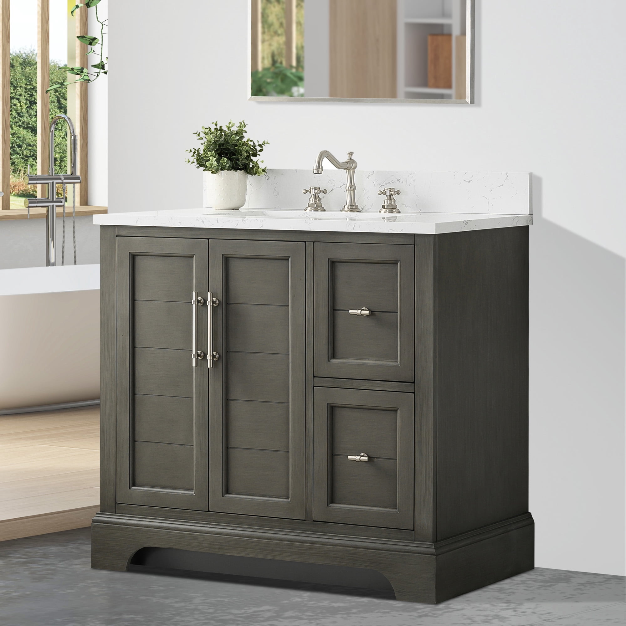Vanity Art 36 x 22 x 34 in. Single Sink Bathroom Vanity with Quartz Top & Backsplash, Silver Grey