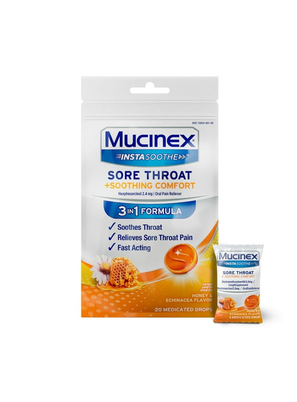 Mucinex InstaSoothe Sore Throat + Soothing Comfort Honey & Echinacea Flavor, Fast Acting, Powerful Sore Throat Oral Pain Reliever, 20 Medicated Drops