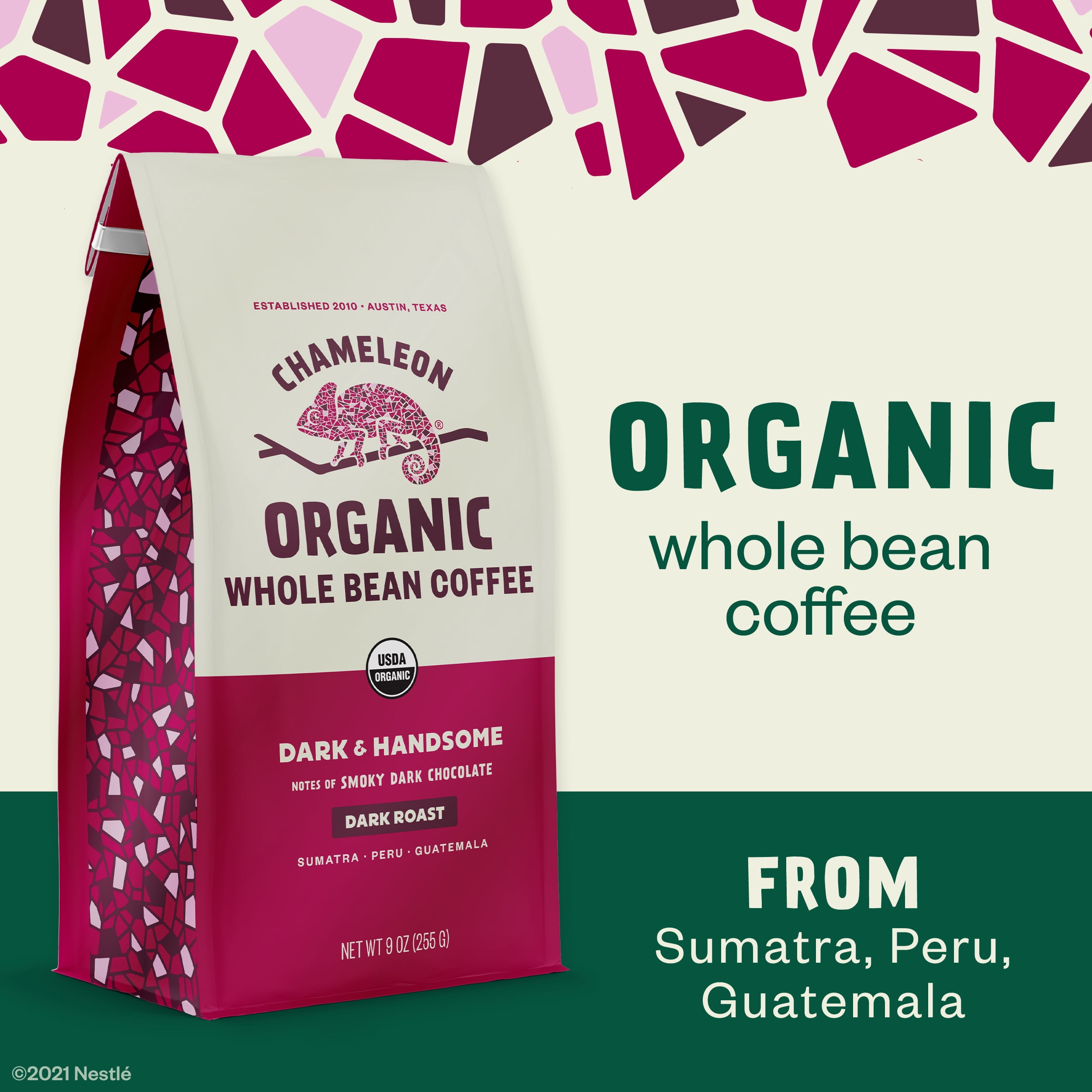 Chameleon Organic Coffee Dark & Handsome, Dark Roast, Whole Bean Coffee, 9 Oz