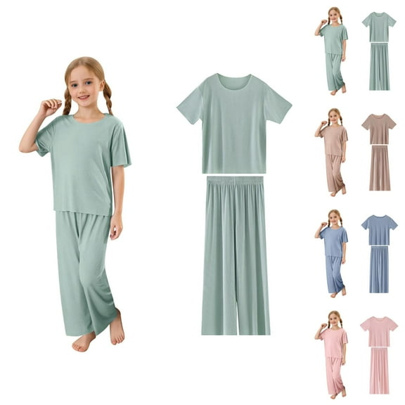 Girls' Fashion Girls Clothing Sets Girls Summer Outfits Soft Ribbed Round Neck Short Sleeve Long Pants Set Casual Comfortable Loungewear For Toddler And Kids