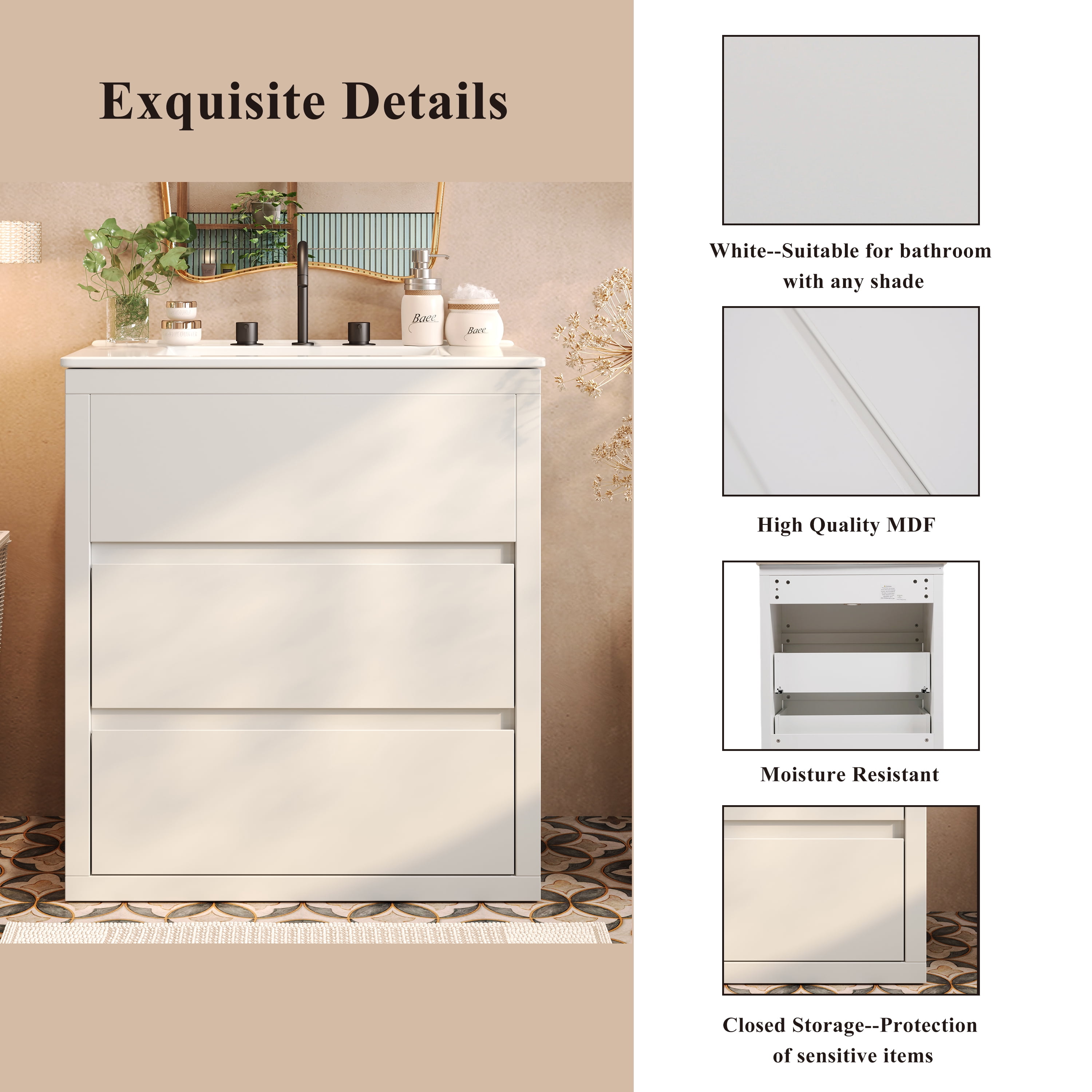 Euroco 30" Bathroom Vanity with Ceramic Sink and 2 Full-Extension Drawers, Freestanding Bathroom Vanity with 45° Free-Handle Design, Soft Close Undermount Drawer Slides, White