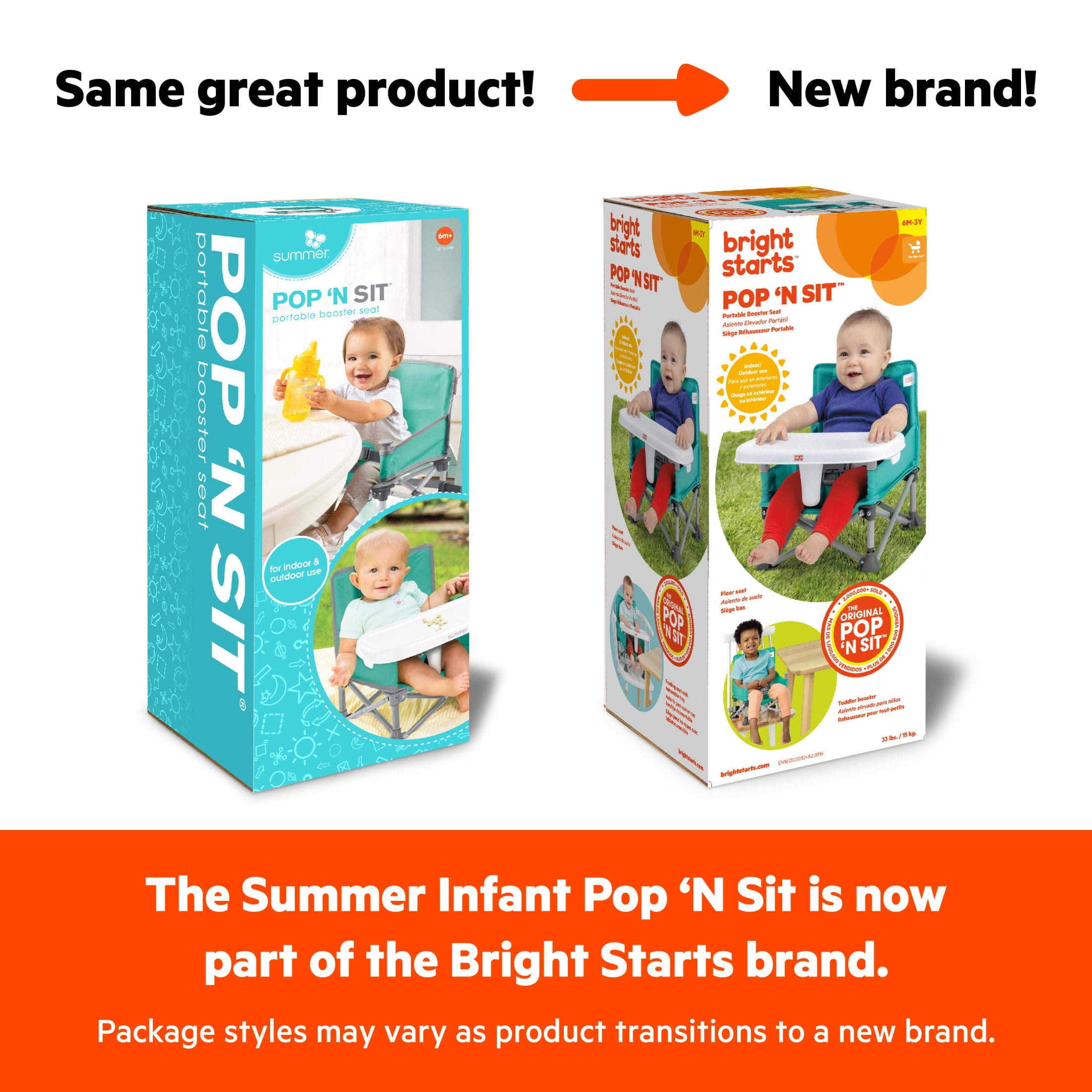 Bright Starts Pop 'N Sit Portable Booster, Grey, Infant to Toddler