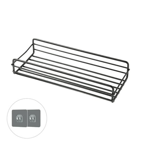 Black No Drill Wall Mounted Shelf With Adhesive Hooks Carbon Steel Material For Bathroom Kitchen And Shower Organization Size 10.43X4.31In Weight 0.37Lb