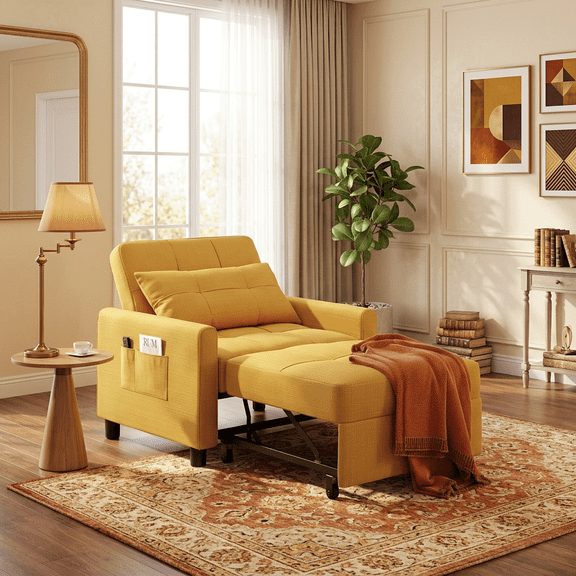 3-in-1 Convertible Chair Bed,Asofer Pull-Out Sofa Bed with Reclining Backrest& Side Pocket,Futon Couch for Small Spaces,Apartment & Office,Yellow