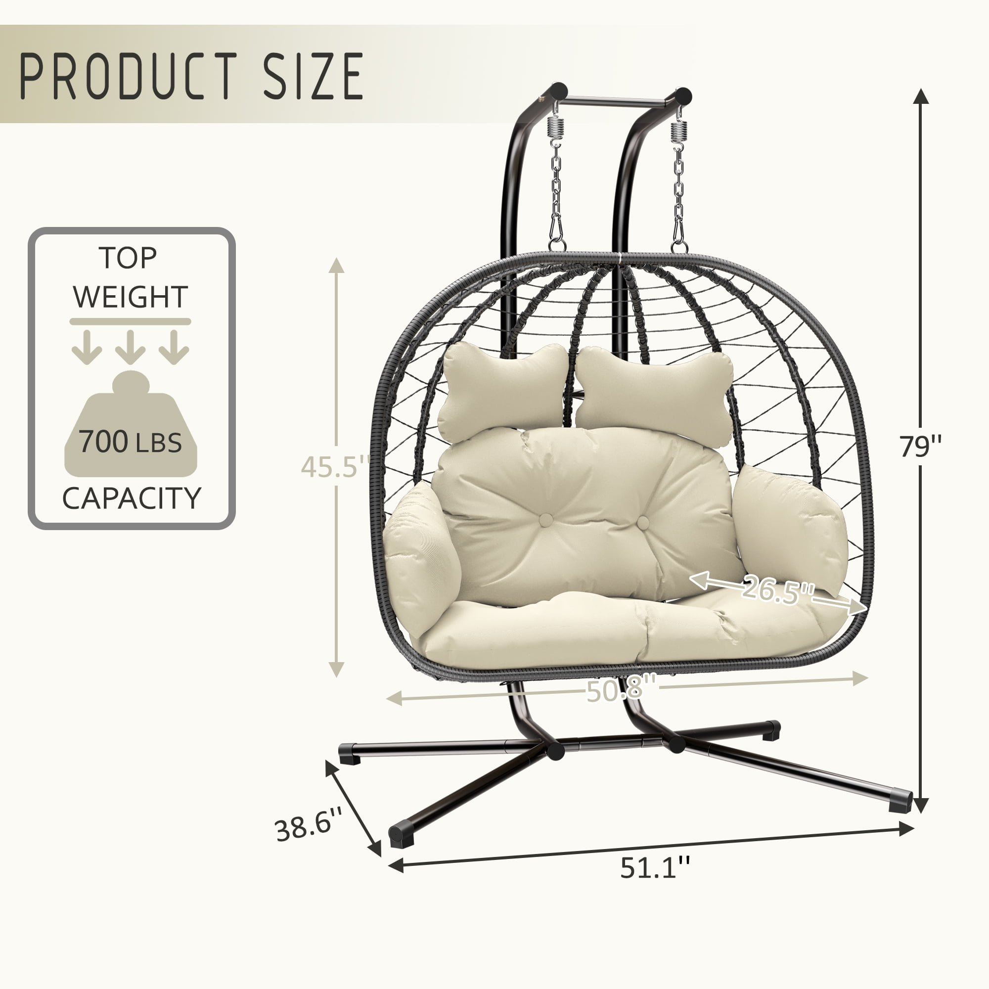 LHBcraft Double Wicker Swing Egg Chair Hammock Foldable Hanging Loveseat with Stand, UV Resistant Removable Cushions, 700LBS Capacity for Bedroom, Balcony (Black and Beige)