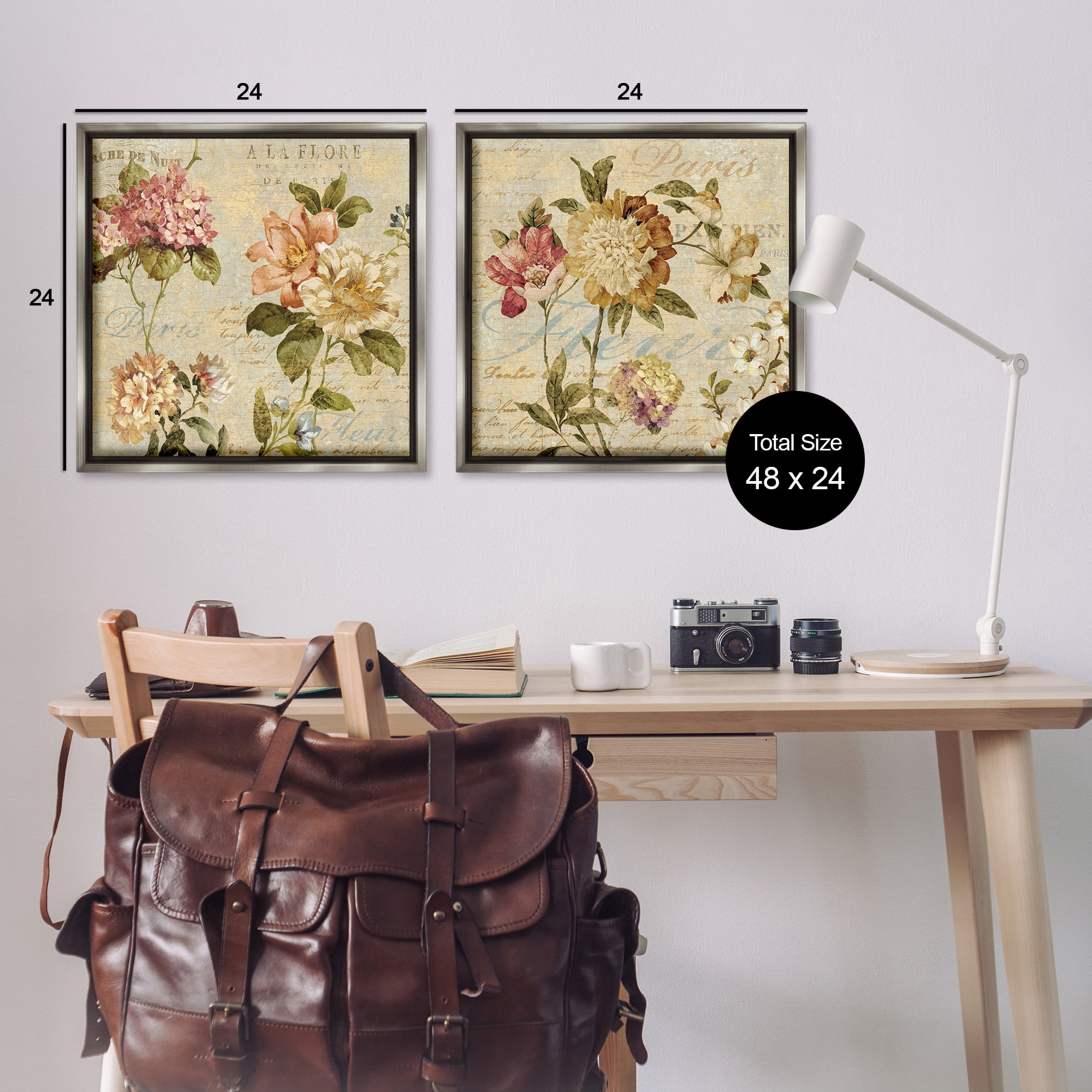 Stupell Industries Vintage French Floral with Script Botanical & Floral Painting Gray Floater Framed Canvas Art Print Wall Art, 25 x 25, Set of 2