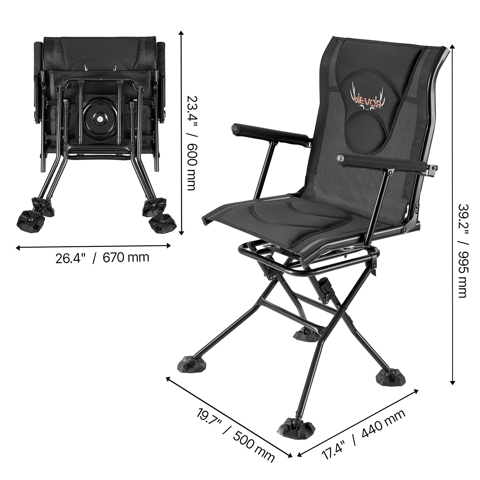VEVOR Hunting Chair, 360° Silent Swivel, Foldable Portable Blind Chair, Heavy-Duty Steel Frame Ground Stool Seat, with Armrests, Adjustable Carry Strap, Anti-Sink Feet, 300 Lbs Capacity for Fishing