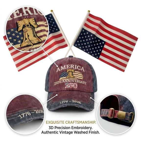 Unisex Vintage Washed Denim 3D Embroidered 1776 Baseball Cap, USA 250th Anniversary 4th of July Hat and Flags Set