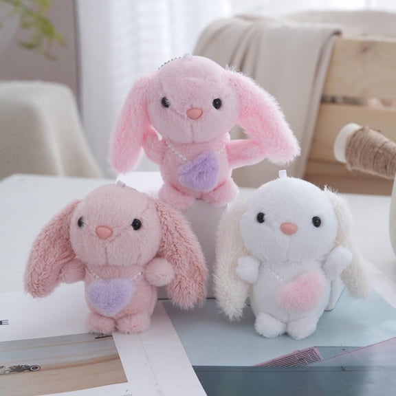White Long-Eared Plush Bunny Keychain, Soft Furry Bag Charm with Heart Accent & Pearl-Like Trim, Compact Bag Accessory, Cute Stuffed Doll Pendant for Backpacks, Purses, and Small