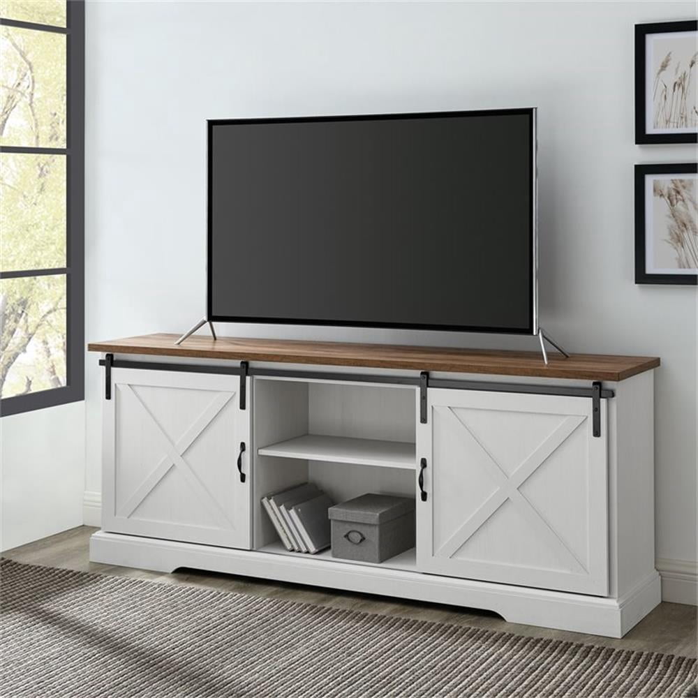 Walker Edison Sliding Barn Door 70" Farmhouse Wood TV Stand in White/Black
