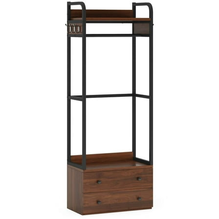 Yardi Yarda Freestanding Closet Organizer, Coat Rack with Two Deep Drawers and Shelves, Brown & Black