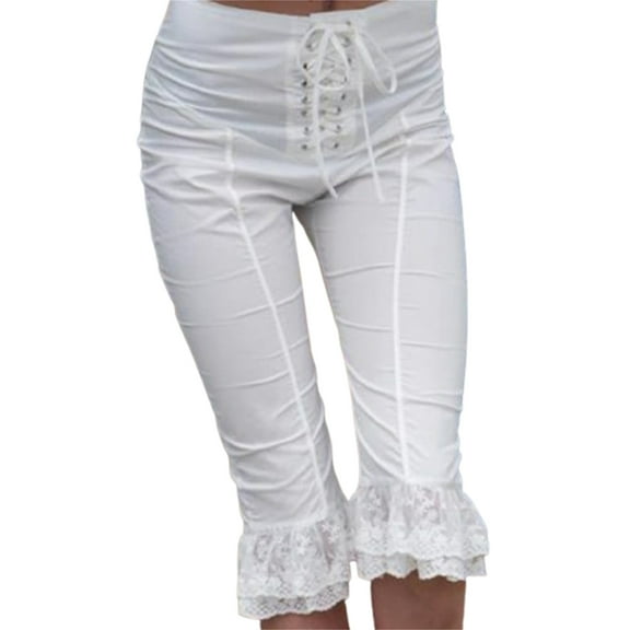 Qmyliery Women Capri Pants Lace Ruffles Front Cross Tie-Up Summer Casual Cropped Pants Stretch Crop Leggings