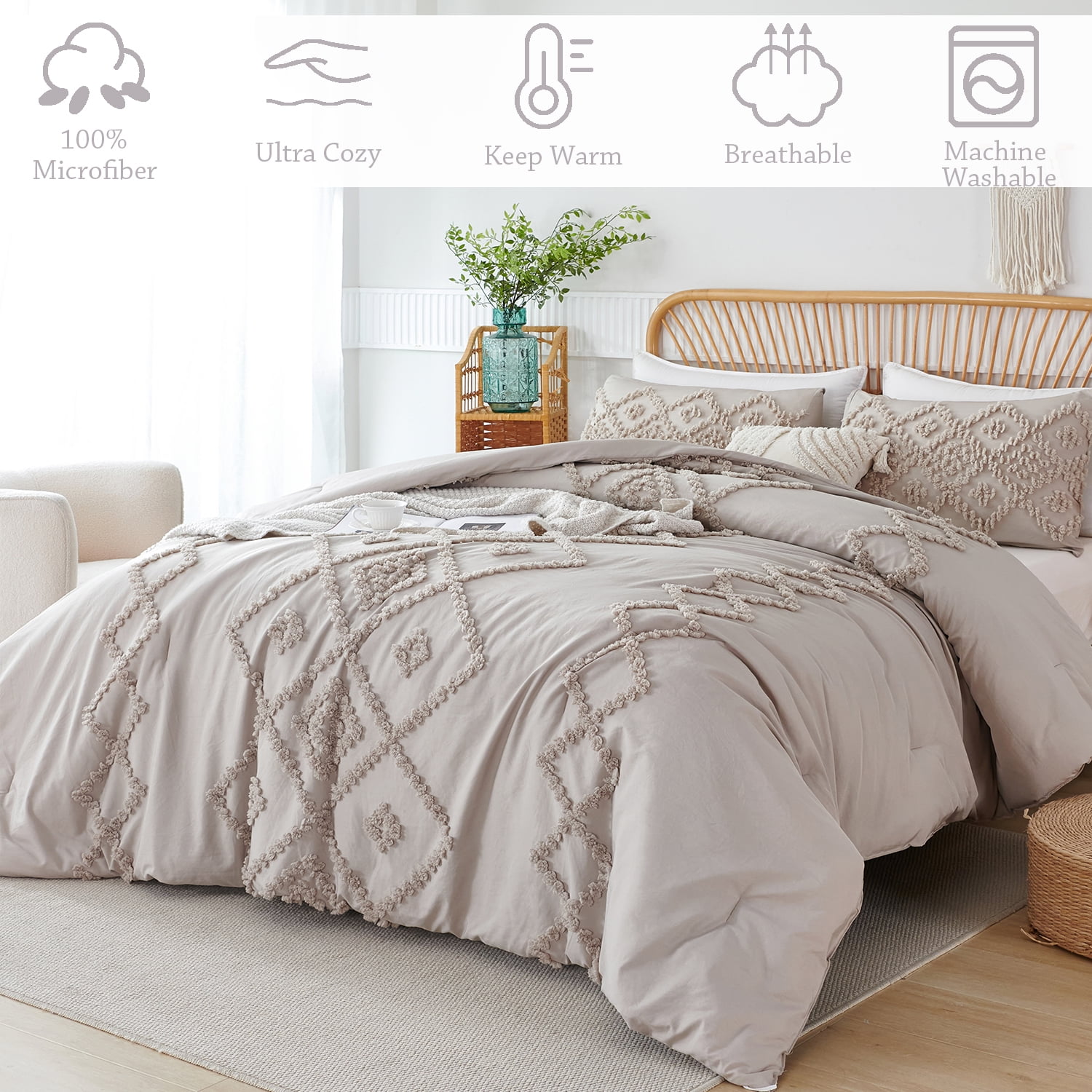 RYNGHIPY 3 Pcs Tufted Comforter Set Queen Size Gray Geometric Boho Style Bed Set Bohemian Shabby Chic Bedding Set for Girls Women Men (Queen, Grey)