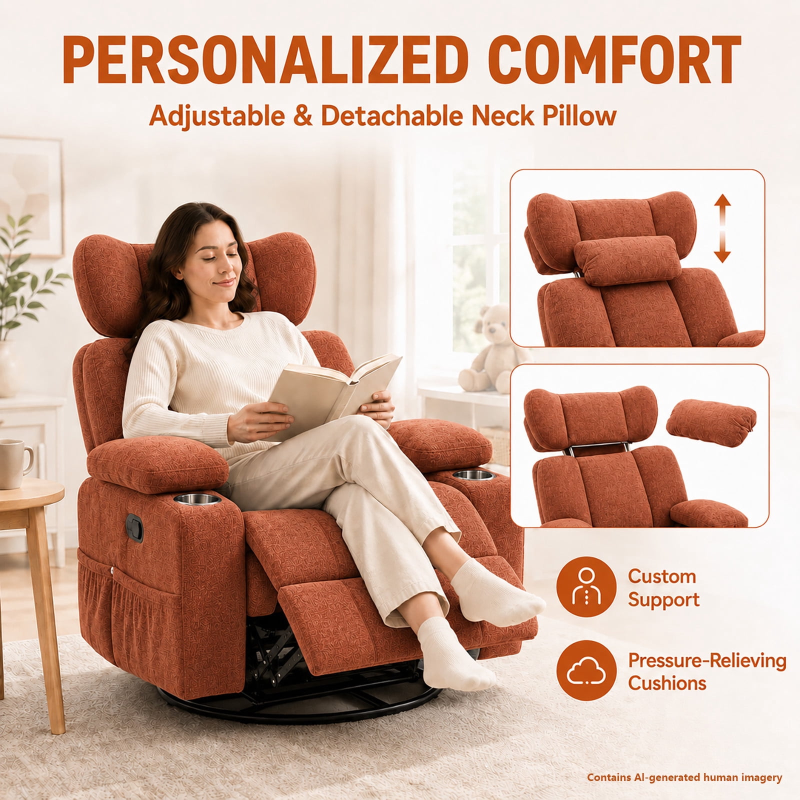 Leumius 360° Swivel Recliner Chair, Single Recliner with Adjustable Detachable Neck Pillow Ergonomic and Cup Holders, 300lbs Capacity Versatile Lounge Chair for Living Room Bedroom Home Theater
